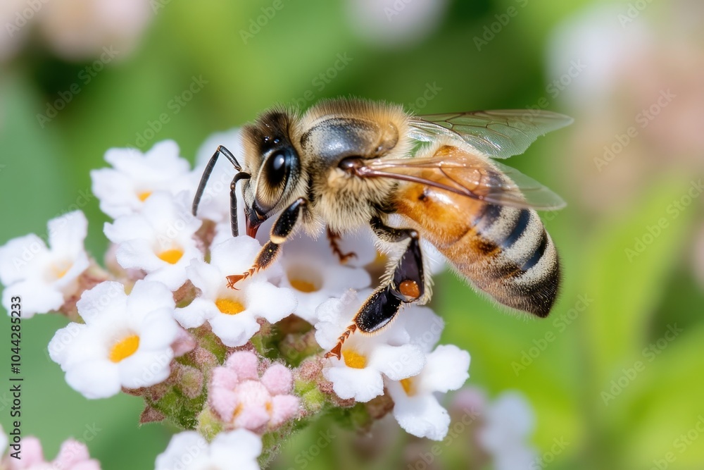 A close-up of a honeybee collecting nectar from a white flower. A close-up of a honeybee collecting nectar from a white flower.