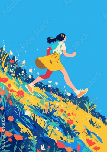 Colorful Minimalist Illustration of a Woman Running on a Hill Surrounded by Flowers