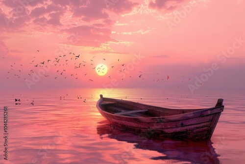 A lone wooden boat floats on a tranquil pink sunset sea with birds flying overhead