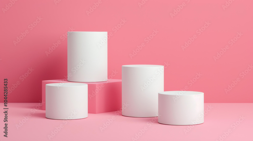 A clean set of white cosmetic containers resting on a soft pink backdrop, perfect for elegant branding mockups. A clean set of white cosmetic containers resting on a soft pink backdrop, perfect for elegant branding mockups.