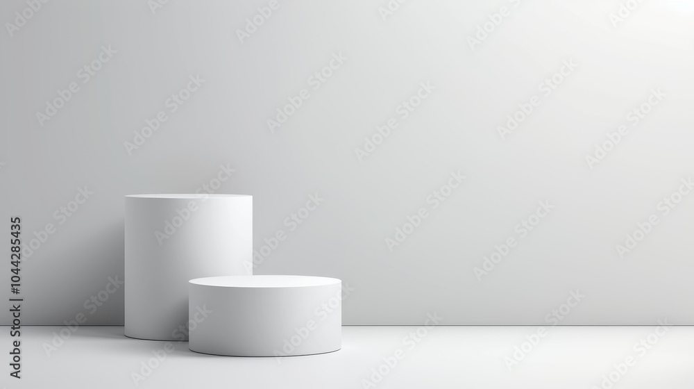 Showcase your products elegantly on this sleek white pedestal podium against a soft grey backdrop for stunning presentations. Showcase your products elegantly on this sleek white pedestal podium against a soft grey backdrop for stunning presentations.