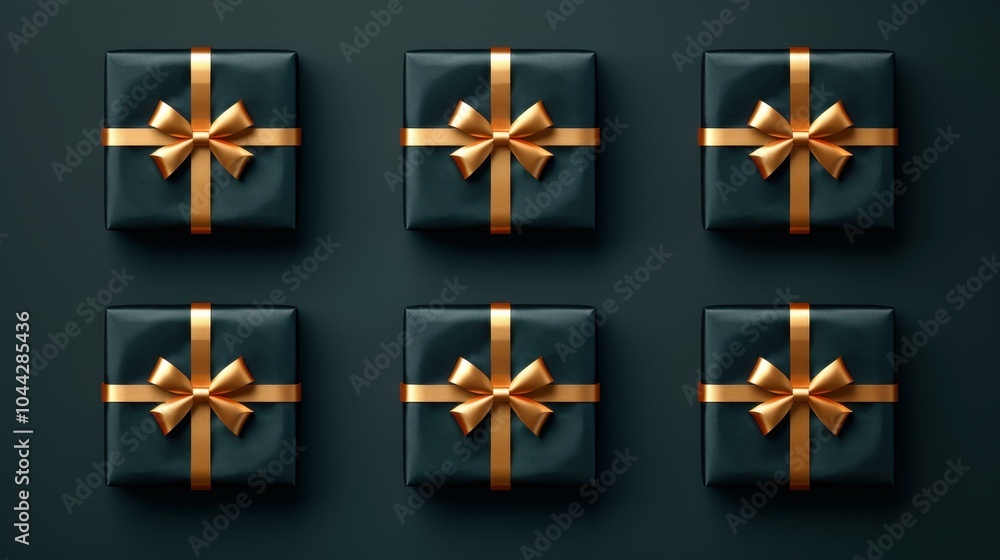 Elegant gift boxes in black paper and gold ribbon stand out against a dark backdrop, perfect for any occasion. Elegant gift boxes in black paper and gold ribbon stand out against a dark backdrop, perfect for any occasion.