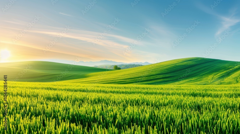 Fototapeta premium Experience the serene beauty of a vibrant green meadow, bathed in the warm glow of a stunning sunrise or sunset.