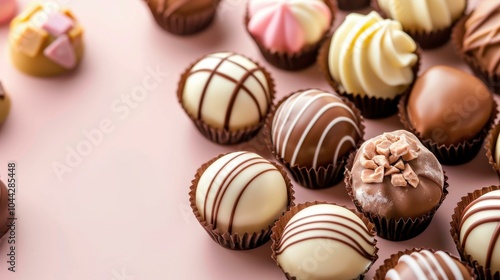 Indulge in the rich taste of decadent pralines set against a smooth chocolate backdrop, perfect for those with a sweet tooth.