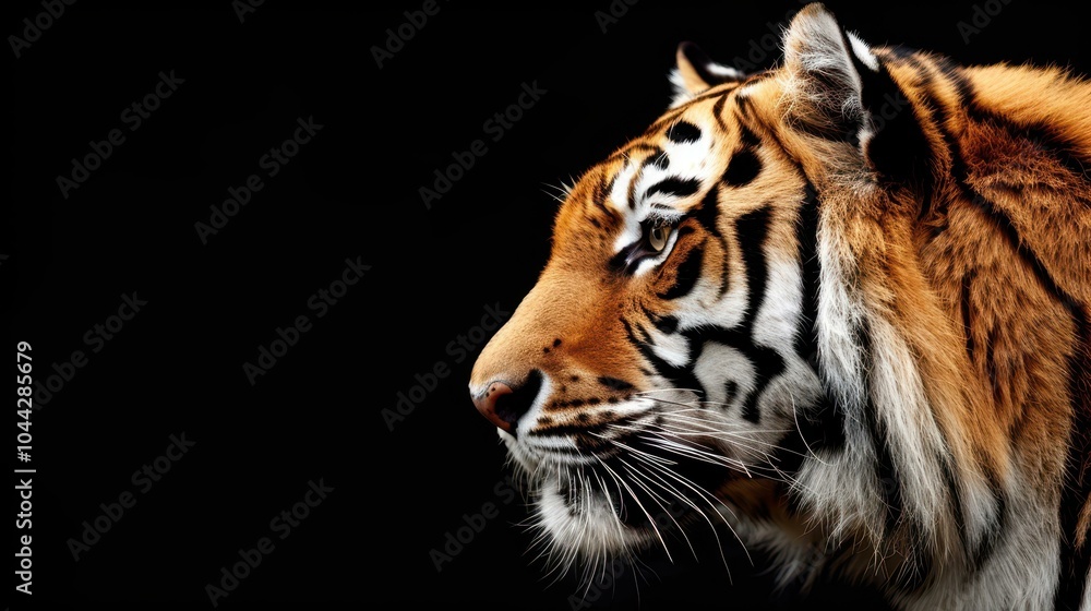Naklejka premium A stunning closeup of a striped tiger against a black backdrop, highlighting its fierce gaze and unique patterns with ample space for text.