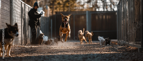 Boxer Dog Playing in Outdoor Kennel: Energetic Pup Jumping Around photo