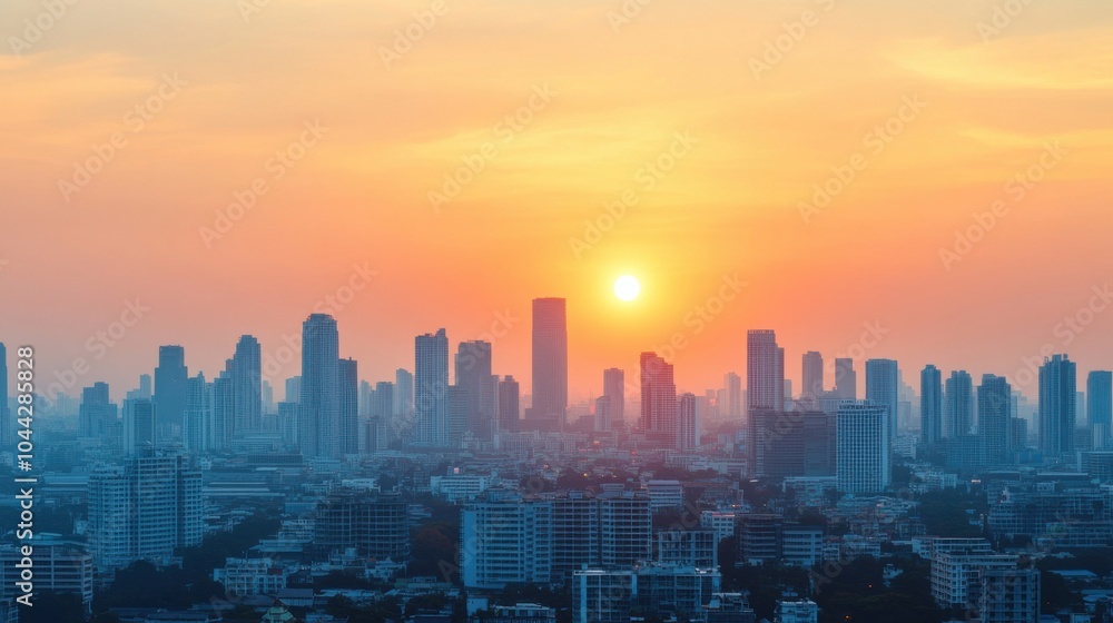 Fototapeta premium Peaceful Dawn Over Bangkok's Streets and Temples