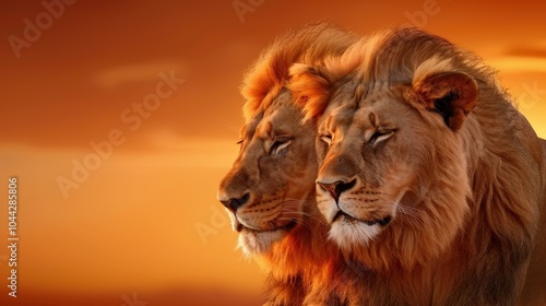 A stunning digital artwork showcasing a loving couple of African lions in a serene wildlife setting, radiating majesty.