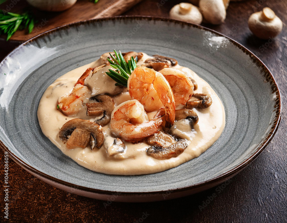 Creamy shrimp and champignon dish served on a rustic plate, close up. Creamy shrimp and champignon dish served on a rustic plate, close up.