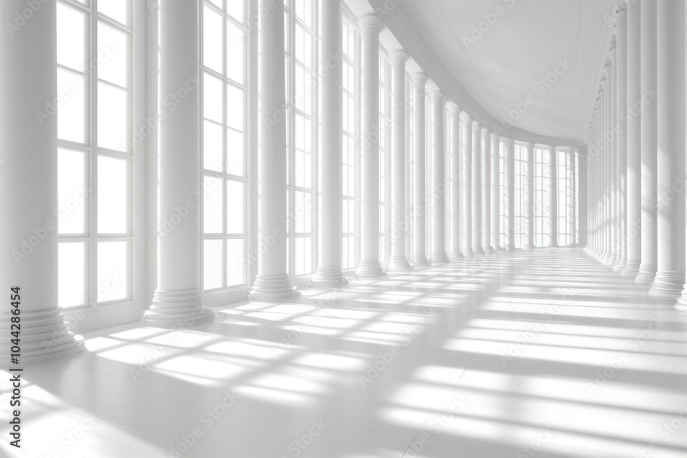 Fototapeta premium White Columns and Windows in a Curving Hallway