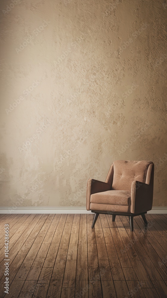 Simple room with armchair against beige textured wall and wooden flooring Simple room with armchair against beige textured wall and wooden flooring