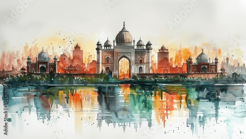 India Republic Day Watercolor Illustration with Iconic Landmarks and Flag photo