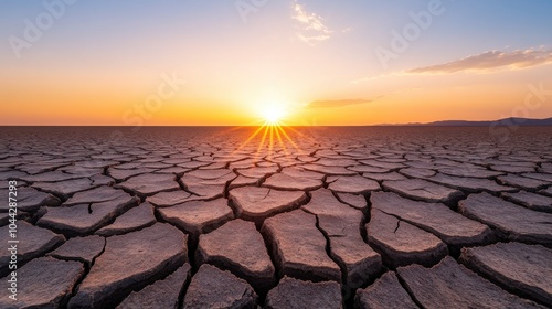 Cracked Earth Under Blazing Sun at Dusk