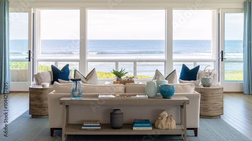 Coastal Beach Modern living room with a view of the ocean.