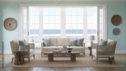 Coastal Beach A coastal living room with large windows overlooking the ocean.