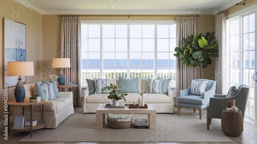 Coastal Beach A living room with large windows overlooking the ocean.