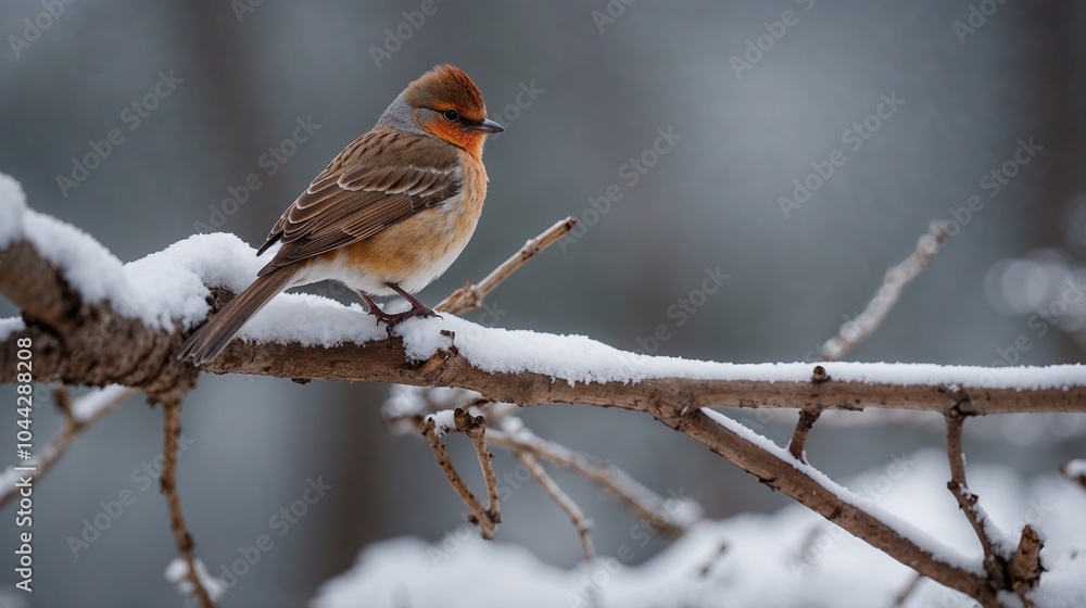 Winter bird perched on a snow-covered branch surrounded by a serene snowy landscape