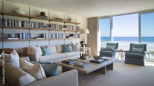 Coastal Beach A spacious living room with large windows overlooking a beach.