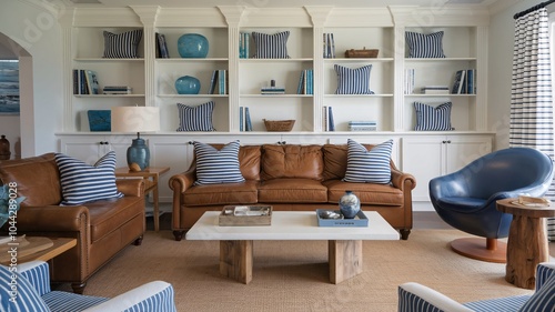 Coastal Beach A cozy living room with a brown leather sofa, a blue armchair, and a white built-in bookshelf.