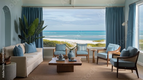 Coastal Beach A spacious living room with large windows overlooking a stunning ocean view, featuring a white sofa, blue armchairs, and a wooden coffee table.
