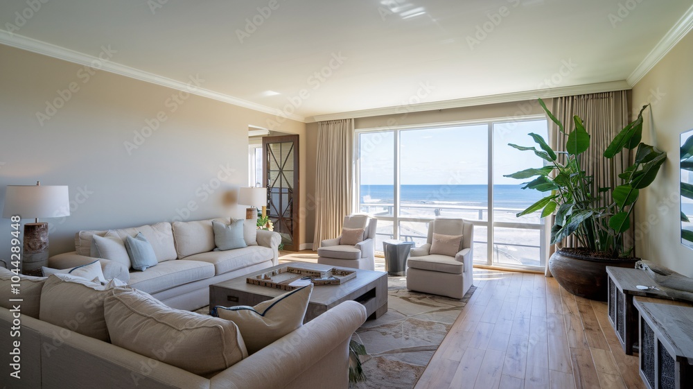 Fototapeta premium Coastal Beach Coastal living room with large windows overlooking the ocean, hardwood floors, and a comfortable white sofa.