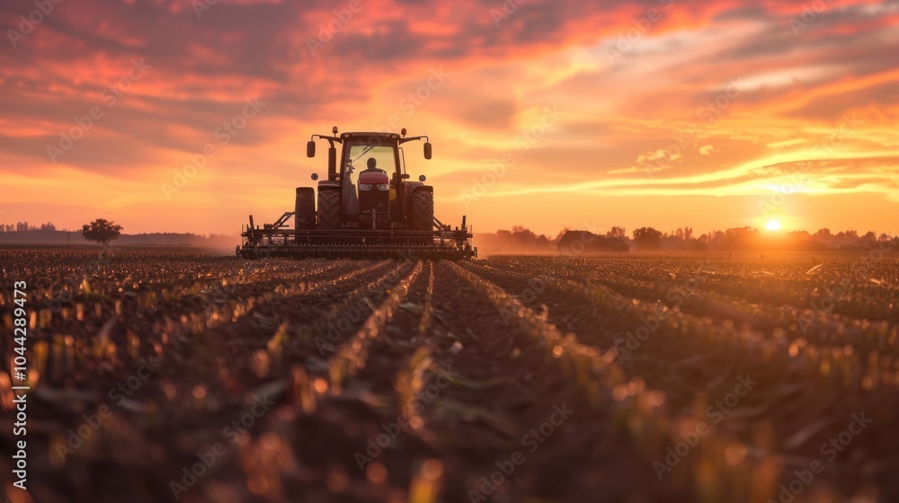 Fototapeta premium Tractor Working Field at Sunset