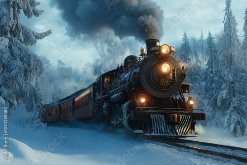 The polar express journeying through a winter wonderland of snowy forest landscapes