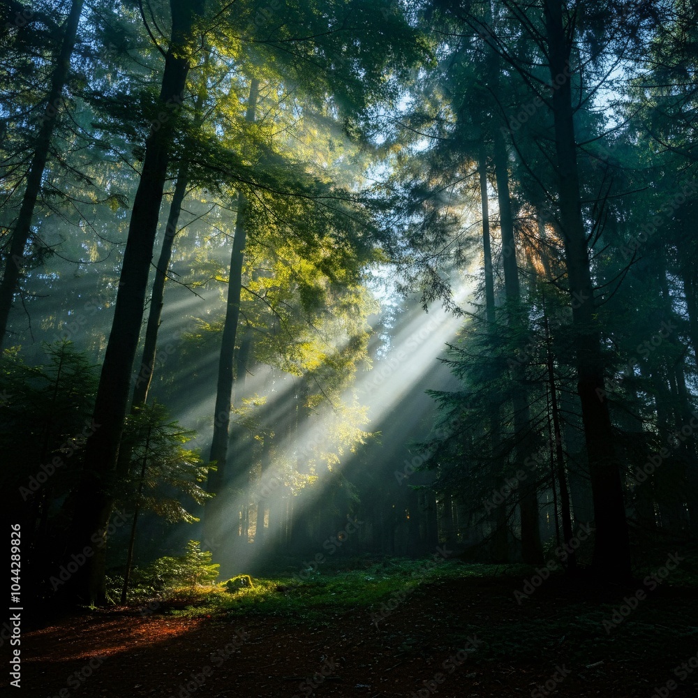 Obraz premium Magical forest clearing with rays of sunlight breaking through the trees