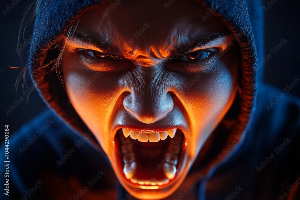 A face illuminated by red light, symbolizing rage, with fierce eyes and clenched teeth reflecting deep anger A face illuminated by red light, symbolizing rage, with fierce eyes and clenched teeth reflecting deep anger