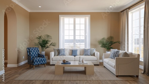 Coastal Beach A modern living room with a white couch, two armchairs, a coffee table, and two large windows.