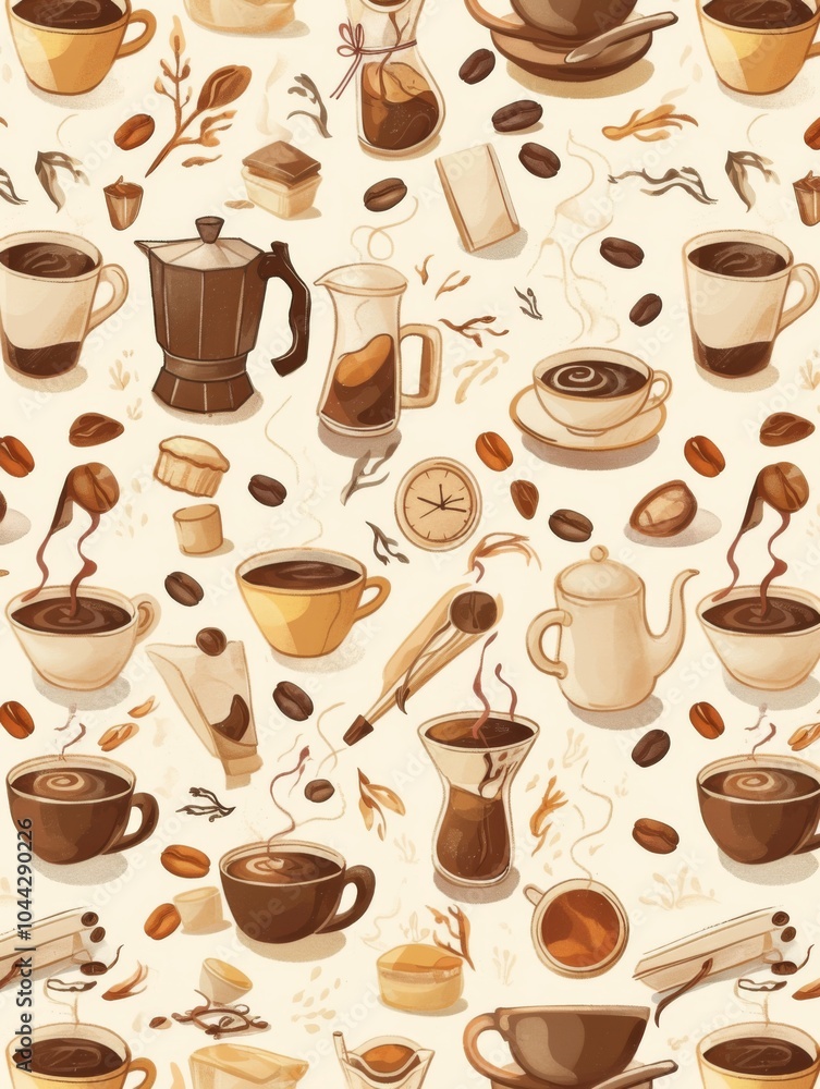 Obraz premium Coffee-Themed Vector Pattern for Kitchen Towel Featuring Vintage Coffee Pot, Mugs, and Beans in Earthy Tones