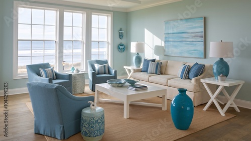 Coastal Beach Light and airy living room with coastal decor, featuring a white sofa, blue armchairs, a large window with ocean view, and blue and white accents.
