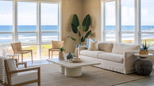 Coastal Beach Modern living room with ocean view and large windows.