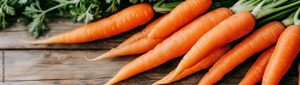 Vegetarian concept. A bunch of carrots are on a wooden table Vegetarian concept. A bunch of carrots are on a wooden table