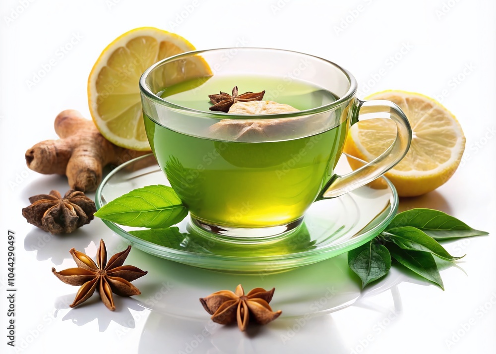 Green Tea Cup Isolated on White with Anise, Ginger, and Lemon - Herbal Tea Ingredients for Wellness and Green Tea Cup Isolated on White with Anise, Ginger, and Lemon - Herbal Tea Ingredients for Wellness and