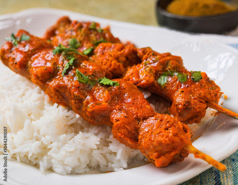 Indian chicken tikka masala in skewers served with steamed rice.