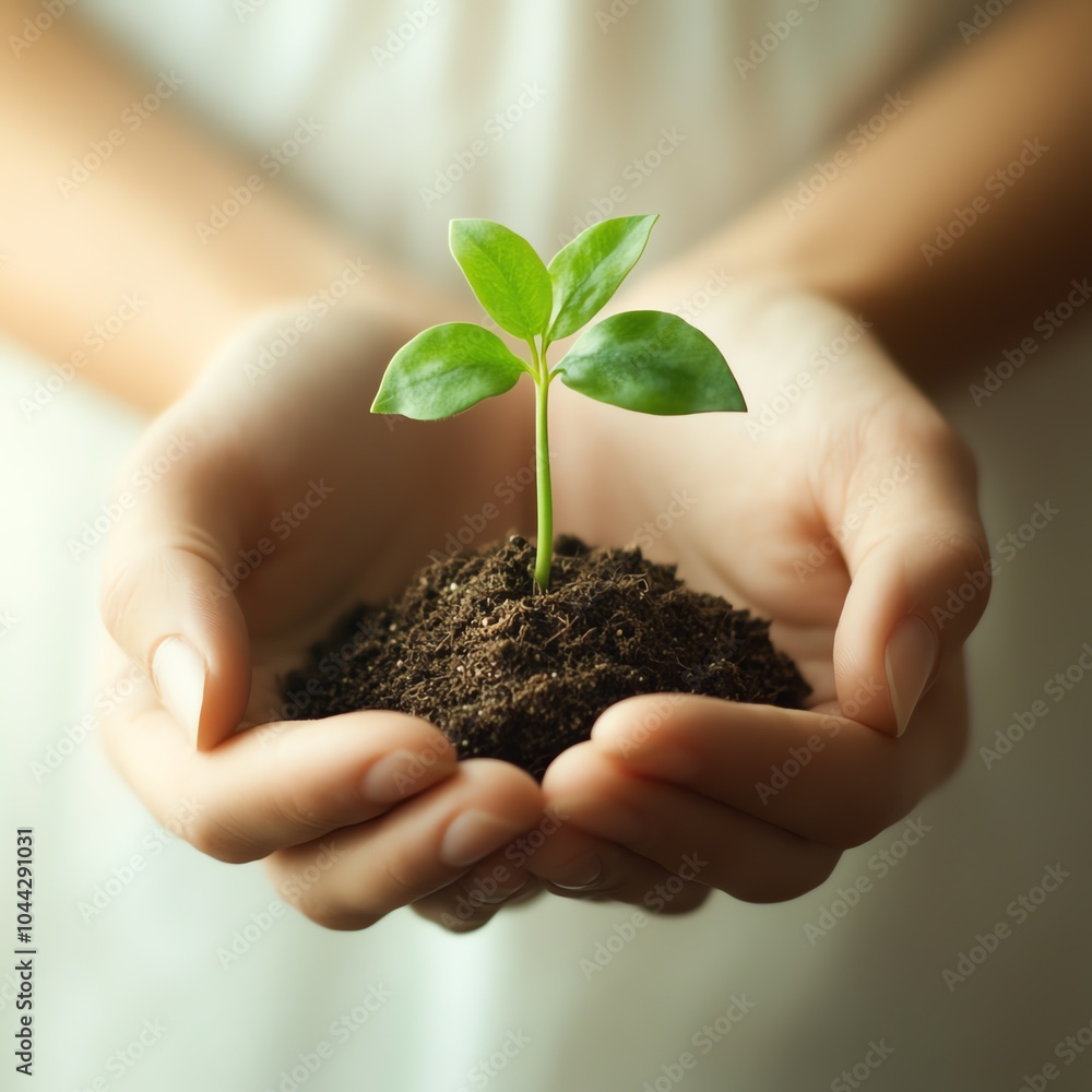 Closeup of hands holding small green plant with soil Closeup of hands holding small green plant with soil