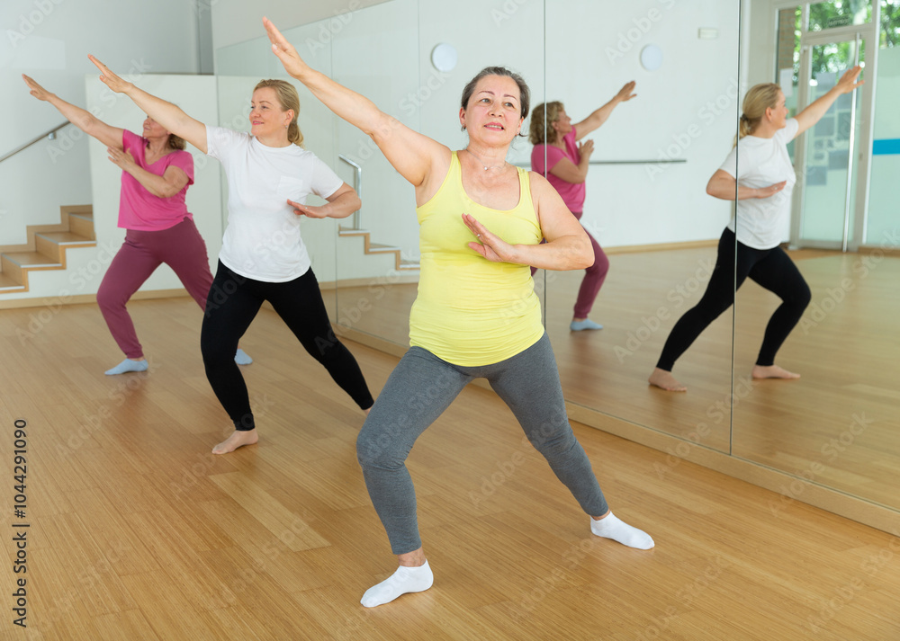 Fototapeta premium Elderly women having dance training in studio, practicing active dances, healthy lifestyle