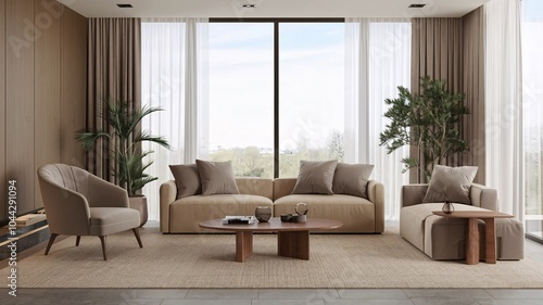 Contemporary Modern living room interior with beige sofa  armchair  coffee table  and plants near the window.