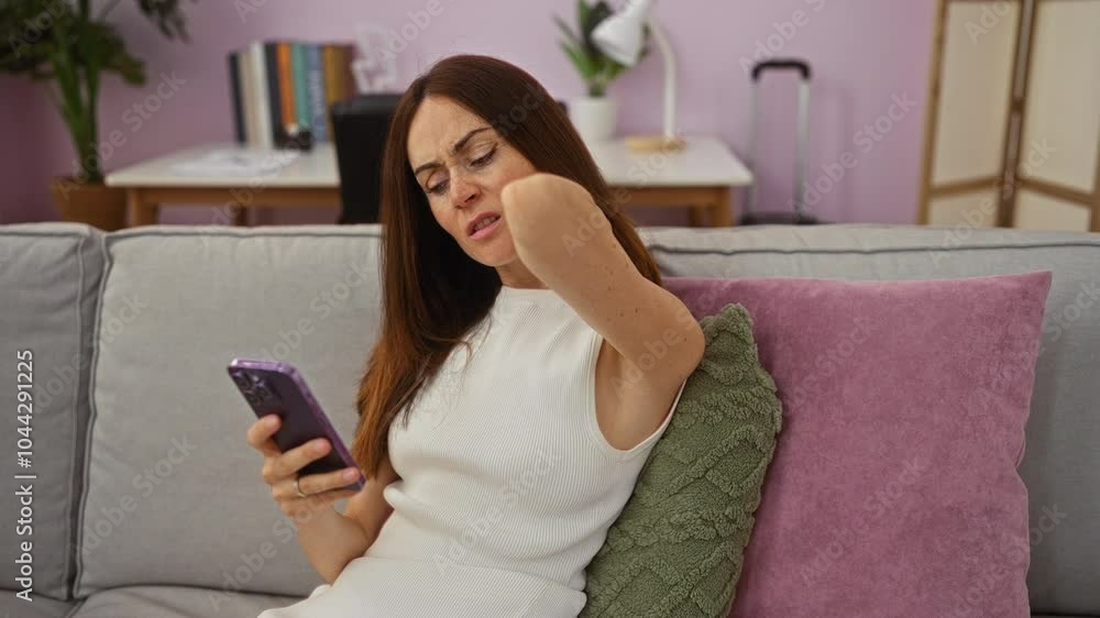 Woman with brunette hair sits indoors on a gray couch in a living room, frustrated while looking at her smartphone, showing her pain as she holds her neck in a casual home setting. Woman with brunette hair sits indoors on a gray couch in a living room, frustrated while looking at her smartphone, showing her pain as she holds her neck in a casual home setting.