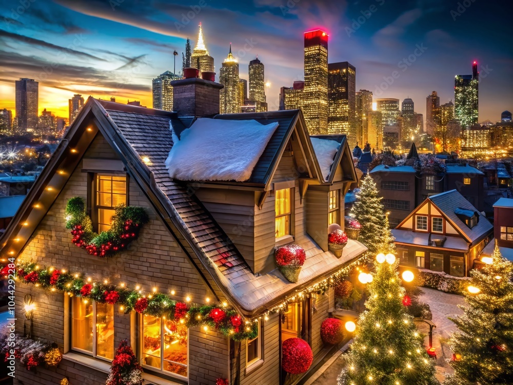 Obraz premium House Roof Christmas Decorations in Urban Settings Capturing Festive Spirit and Holiday Cheer