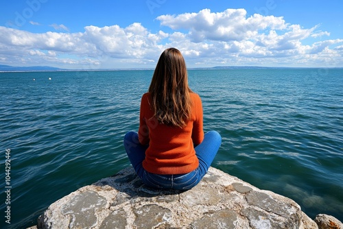 A person sitting by the ocean, watching the waves, symbolizing the acceptance of lifeâ€™s uncontrollable forces, like the tides of reality photo