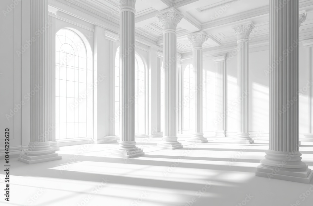 Ultra-Realistic Vector Illustration of a Bright, Empty Room with White Columns and Floor, Designed for a Modern Office Space Ultra-Realistic Vector Illustration of a Bright, Empty Room with White Columns and Floor, Designed for a Modern Office Space