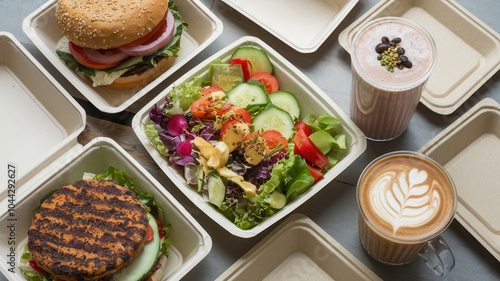 Variety of healthy takeaway meals with smoothies and salads photo