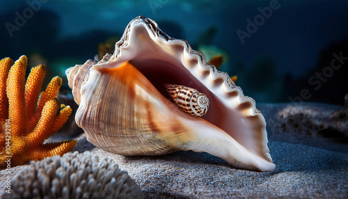 A queen conch nestled within a sizable shell rests underwater, surrounded by vibrant coral formations. photo