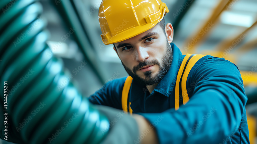A focused construction worker in a yellow hard hat adjusts machinery in a factory setting, showcasing safety and diligence in his work. A focused construction worker in a yellow hard hat adjusts machinery in a factory setting, showcasing safety and diligence in his work.