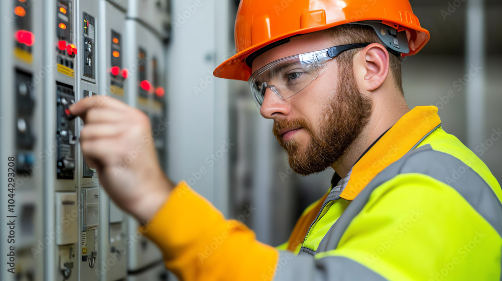 A focused electrician operating a control panel in an industrial setting, wearing safety gear and an orange helmet. A focused electrician operating a control panel in an industrial setting, wearing safety gear and an orange helmet.