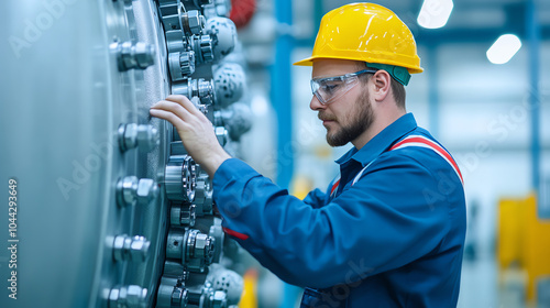 Obraz na płótnie A focused worker in a yellow hard hat examines a large industrial machine, showcasing precision and attention to detail in a manufacturing environment. w salonie