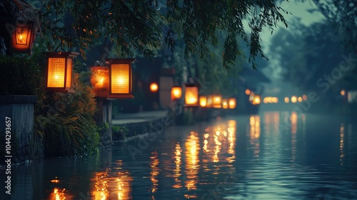 Serene Night Scene with Lanterns by the Water