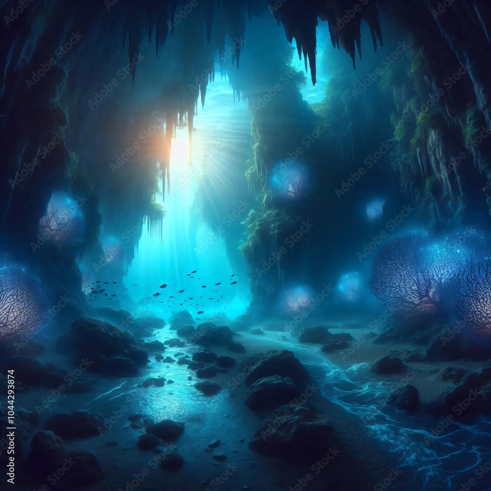 Obraz premium Mystical underwater cave with glowing sea creatures